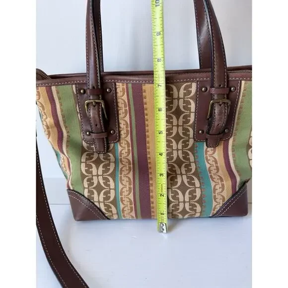 Fossil Striped Canvas Handbag Leather Trim Handles Shoulder Strap 9x7”​ - Picture 7 of 12